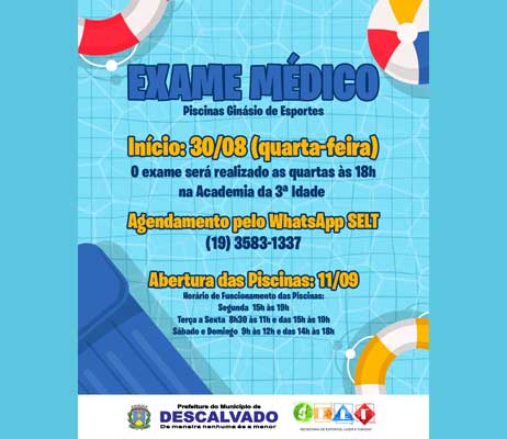 Piscinas do Ginásio de Esportes - Exame Médico a partir do dia 30/08