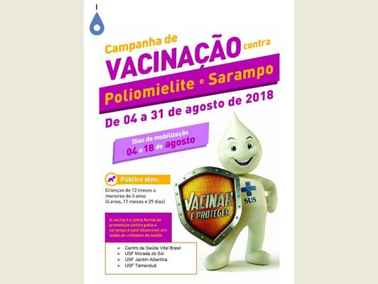 Campanha de vacinação contra sarampo e poliomielite para crianças acontece em agosto.