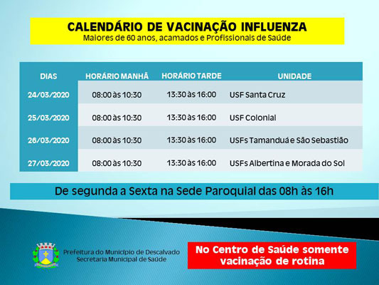 Calendário de vacinação influenza para maiores de 60, acamados e profissionais de saúde