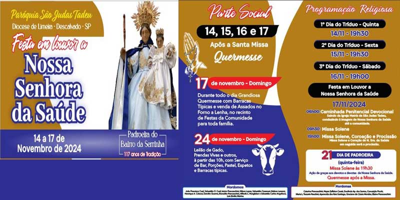Começa hoje, quinta-feira, 14/11, a 117ª Festa de Nossa Senhora da Saúde