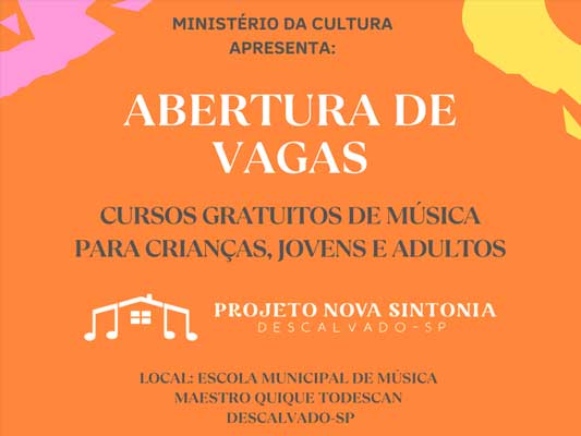 Foto: Projeto Nova Sintonia abre inscrições para vagas remanescentes em cursos gratuitos de música em Descalvado