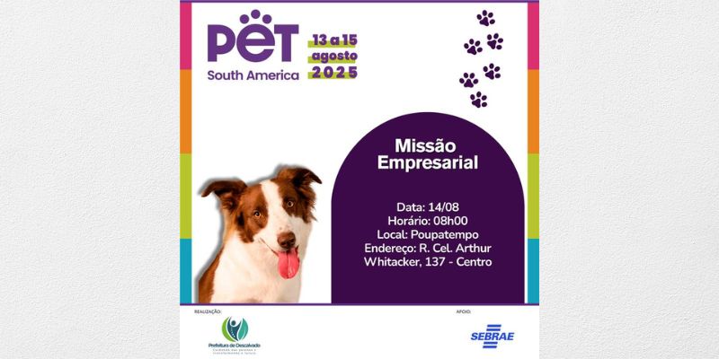 Foto: Convite Especial – Pet South America 2025 ????
Olá! Temos um convite com muito carinho para você, cliente e parceiro de Descalvado!