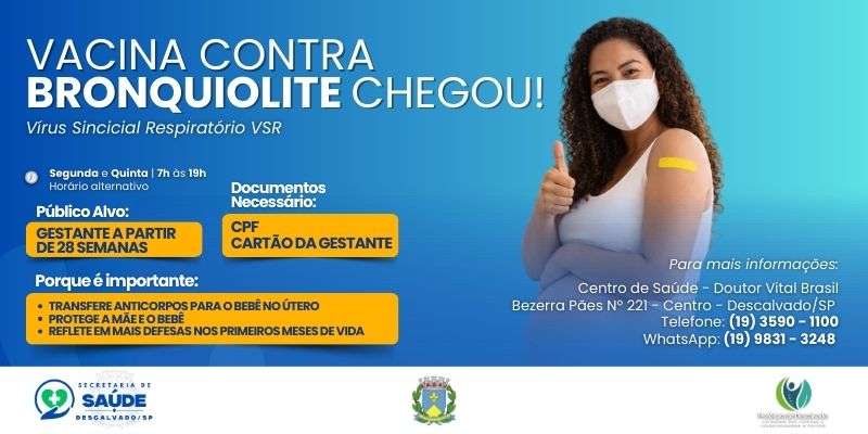 Foto: Prefeitura de Descalvado disponibiliza vacina contra bronquiolite para gestantes a partir da 28ª semana