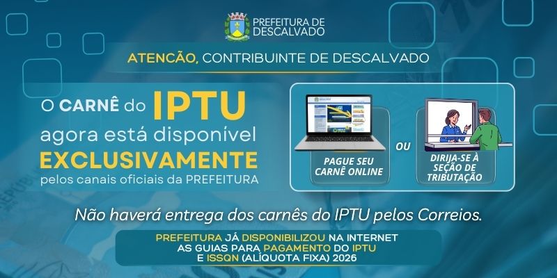Foto: Guias para pagamento do IPTU e ISSQN 2026 já estão disponíveis no site da Prefeitura 
