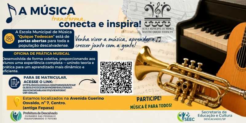 Foto: Escola Municipal de Música “Quique Todescan” abre inscrições e convida população para aulas gratuitas em Descalvado