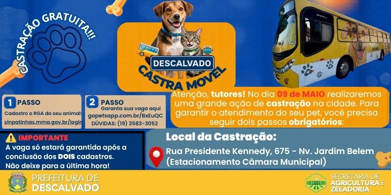 Foto: Descalvado realiza Mutirão de Castração no dia 9 de maio com vagas gratuitas para cães e gatos
