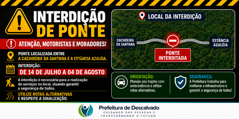 Foto: Ponte entre a Cachoeira da Santana e a Estância Azaléia será interditada para obras a partir desta Terça-feira (14)