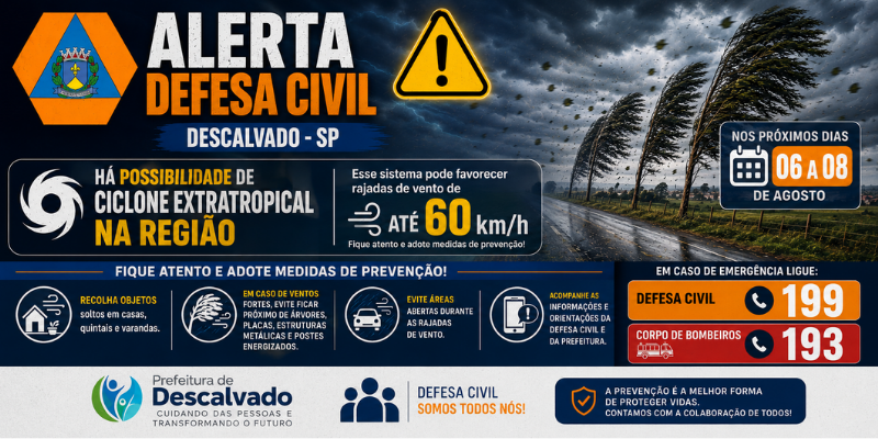 Foto: Defesa Civil de Descalvado orienta população diante da possibilidade de ciclone extratropical na região