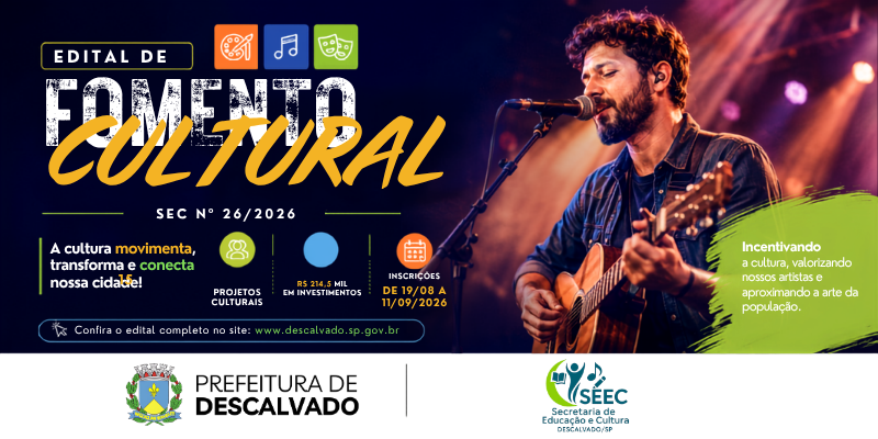 Foto: Prefeitura de Descalvado lança edital de R$ 214,5 mil para fomentar projetos culturais no município