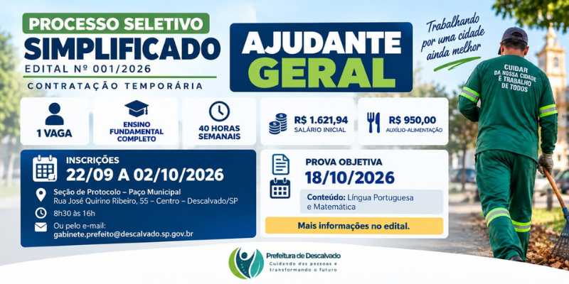 Foto: Prefeitura de Descalvado abre Processo Seletivo para contratação temporária de Ajudante Geral