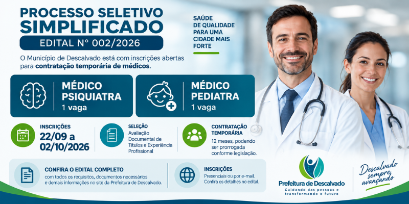 Foto: Prefeitura de Descalvado abre processo seletivo para contratação temporária de médicos